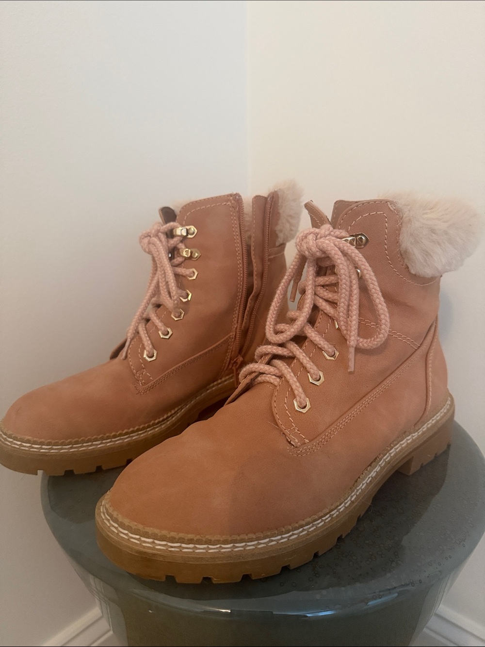 Steve Madden Blush Tan Lace-Up Faux Fur Collar Boots